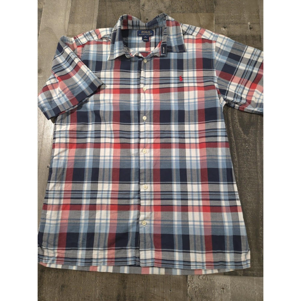 Ralph Lauren Polo Shirt Red/White/Blue Plaid Youth Boys, Size XL (18-20)